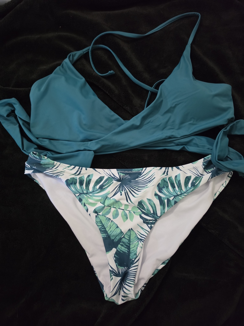 Teal Wrap Bikini Top with Tropical Leaf Print Bottom - Women Swim